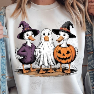 May include: White sweatshirt featuring three cartoon ducks dressed for Halloween. One duck wears a witch hat and purple cloak, another is a ghost, and the third is inside a carved pumpkin. The ducks stand on brown ground.