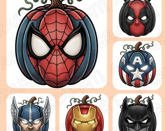 May include: A collection of six cartoon pumpkins, each designed to resemble a different superhero. The pumpkins feature the likenesses of Spider-Man, Deadpool, Captain America, Thor, Iron Man, and Batman. Each pumpkin has a stem and green vine.