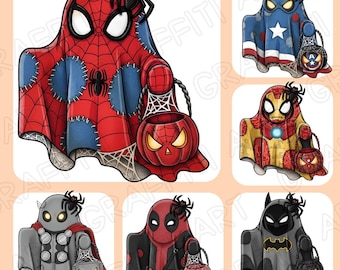 May include: A collection of cartoon ghost illustrations dressed as superheroes, including Spider-Man, Captain America, Iron Man, Thor, Deadpool, and Batman. Each ghost is holding a pumpkin-shaped candy bucket and has a spider on top.