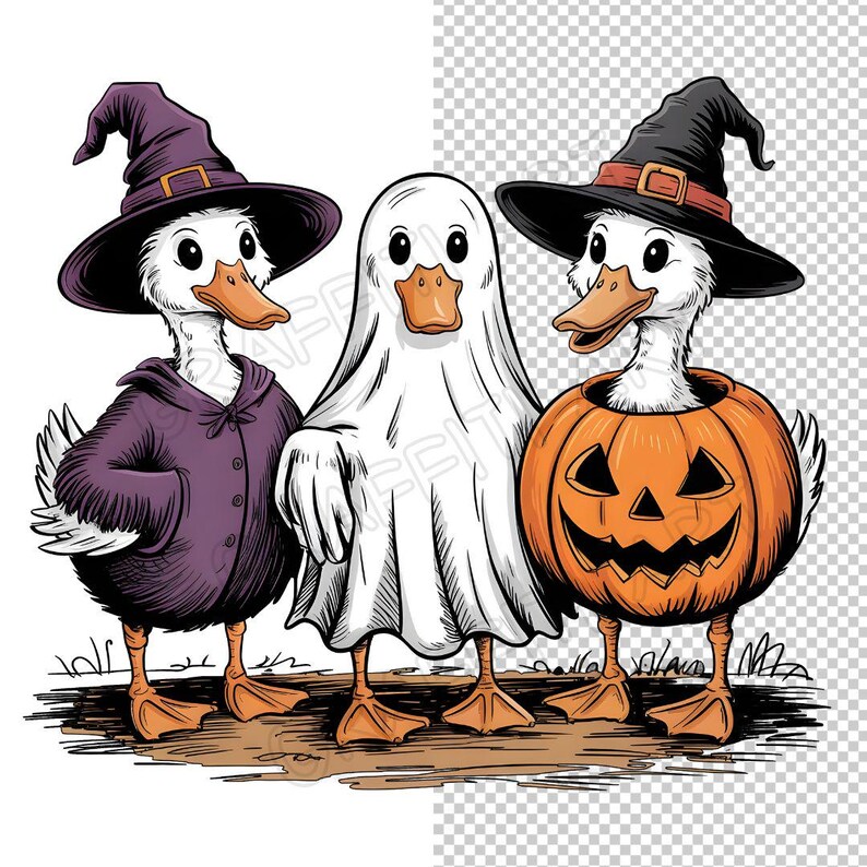 May include: Illustration of three ducks dressed in Halloween costumes. One duck wears a witch hat and purple cloak, another is a ghost, and the third is inside a carved pumpkin. The ducks have orange beaks and feet.