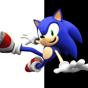 May include: A 3D rendering of Sonic the Hedgehog in a dynamic pose, set against a stark black and white background. The character is predominantly blue with white gloves and shoes, and a tan face. His red and white shoes are visible as he appears to be in motion.