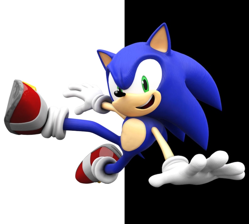 May include: A 3D rendering of Sonic the Hedgehog in a dynamic pose, set against a stark black and white background. The character is predominantly blue with white gloves and shoes, and a tan face. His red and white shoes are visible as he appears to be in motion.