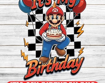 Super Mario Birthday PNG: Design per maglietta a tema cartone animato per bambini (download digitale)