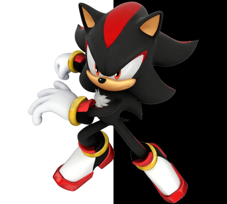 May include: A digital illustration of Shadow the Hedgehog, a black anthropomorphic hedgehog with red stripes and accents. He is posed in a dynamic stance against a black and white background, with white gloves and red-accented shoes.
