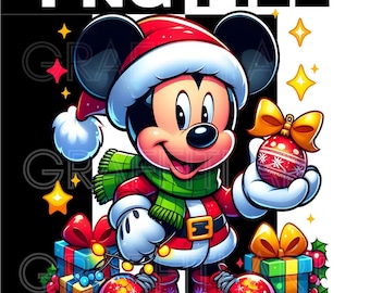 May include: A cartoon illustration of Mickey Mouse dressed in a red and white Santa suit, holding a red and white Christmas ornament with a yellow bow. He is standing in front of a black and white background with presents and Christmas lights.