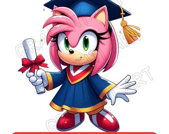 May include: Cartoon illustration of a character wearing a graduation cap and gown, holding a diploma tied with a red ribbon. The character has pink hair, green eyes, and is smiling. The image has the text "CARTOON GRADUATION PNG" in a red rectangle.