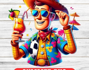 May include: A cartoon illustration of Woody from Toy Story wearing a Hawaiian shirt, sunglasses, and a cowboy hat. He is holding a tropical drink and smiling. The background is a white woodgrain pattern with the text "SUMMER PNG".