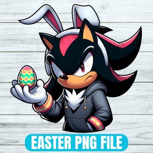 Puede incluir: Shadow the Hedgehog con una sudadera negra y orejas de conejo, sosteniendo un huevo de Pascua colorido.