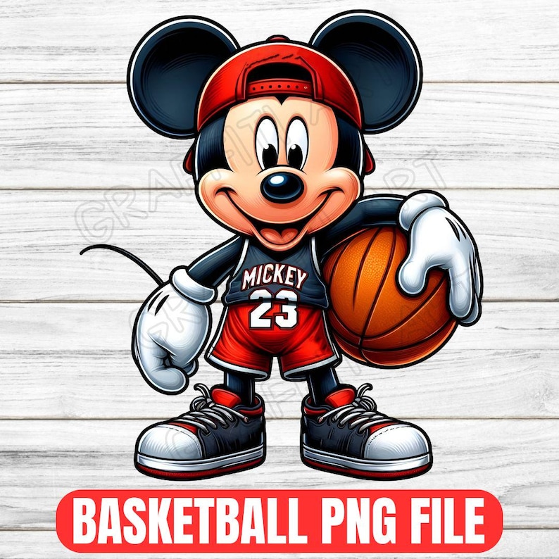 Peut inclure: Mickey Mouse portant un uniforme de basket-ball rouge et noir avec le num&eacute;ro 23 sur le devant. Il tient un ballon de basket et porte une casquette de baseball rouge.