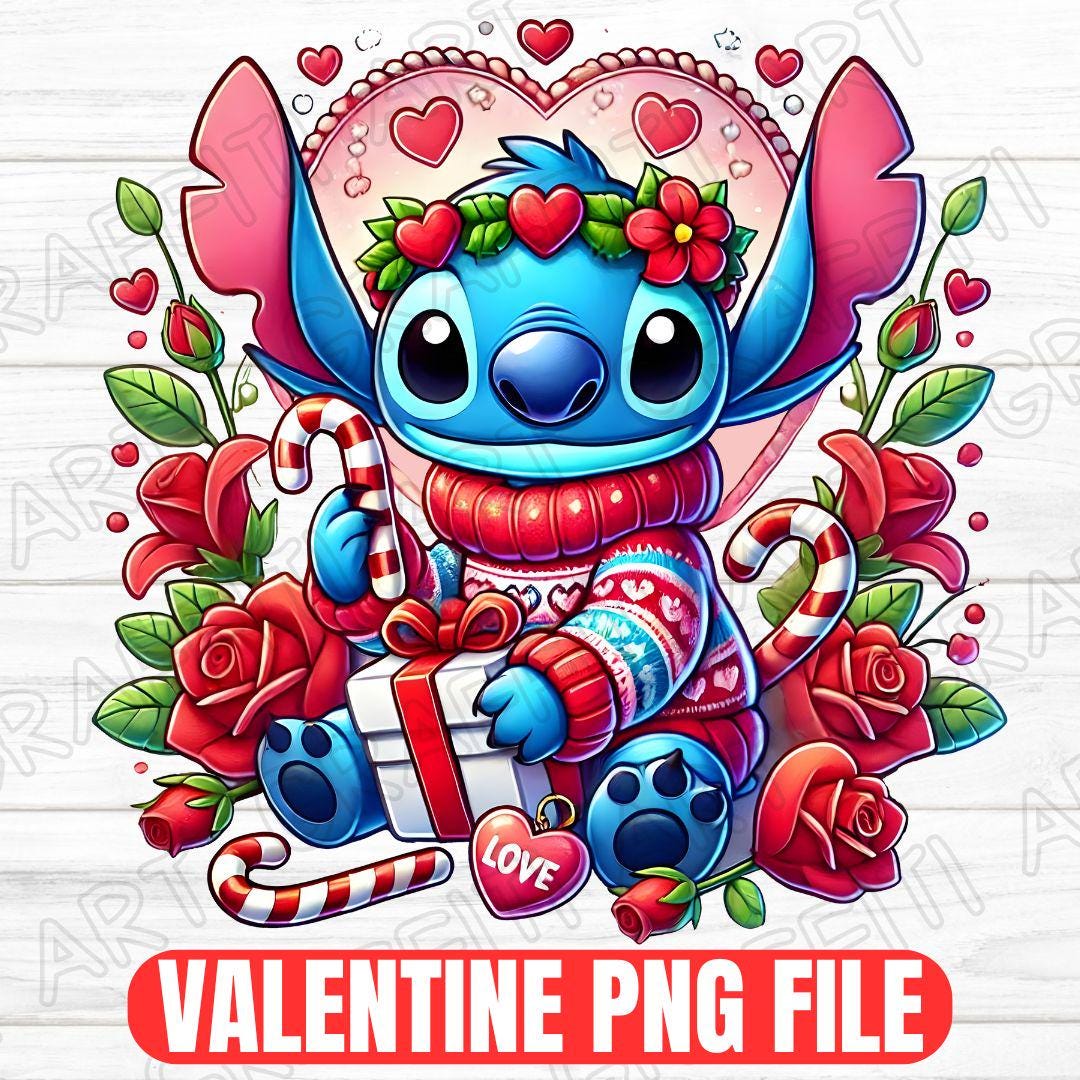 Stitch Valentine PNG: Cartoon Clipart, Love Sublimation (digital ...