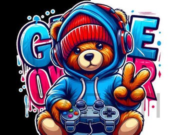 Gaming Teddy Bear PNG: Game Over Controller Clipart (Digital Download)