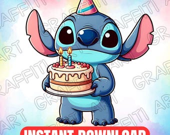 Cumpleaños de Stitch PNG: Dibujos animados infantiles con pastel (Descarga digital)