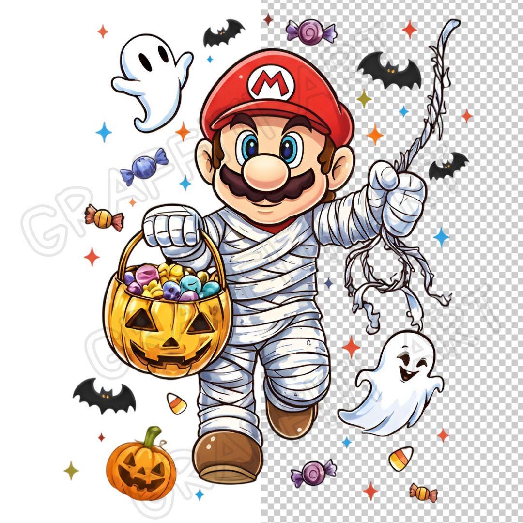 Mummy Mario Halloween PNG: Kids Cartoon Sublimation Design