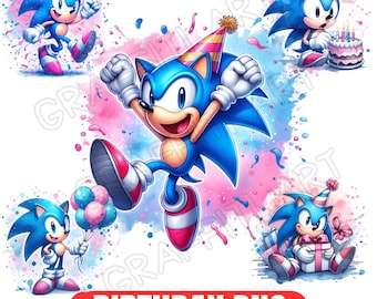 Watercolor Sonic Birthday PNG Bundle: T-Shirt Design, Party Decor (Digital Download