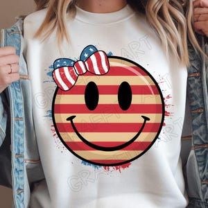 4th Of July Png, Patriotic Smiley Face PNG, USA Flag Face with Bow, Cute 4th of July Sublimation Clipart, Independence Day Shirt Design