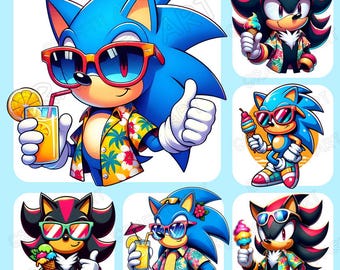 May include: A collection of cartoon images featuring Sonic the Hedgehog and Shadow the Hedgehog in summer attire. The characters are wearing sunglasses and Hawaiian shirts, holding drinks and ice cream cones. The background is a light blue color.
