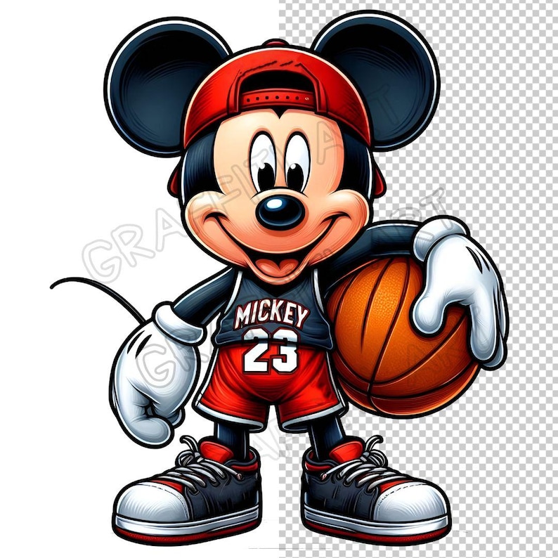 Peut inclure: Mickey Mouse portant un uniforme de basket-ball rouge et noir avec une casquette de baseball rouge, tenant un ballon de basket. Le maillot porte l'inscription "Mickey 23" sur le devant.