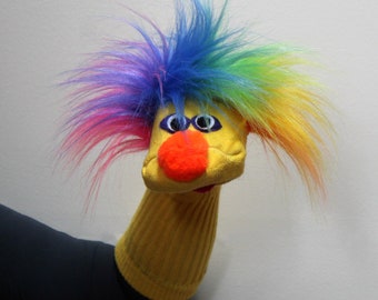 The Too Socky Classic Yellow Sock Puppet Rainbow Hair, Museum Quality, Handmade, Moving Mouth, 100% Sewn Parts, 3 sizes, Cotton Sock