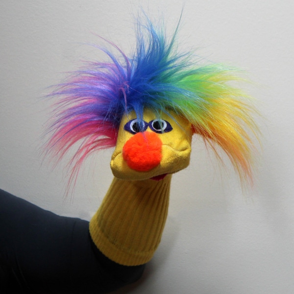 The Too Socky Classic Yellow Sock Puppet Rainbow Hair, Museum Quality, Handmade, Moving Mouth, 100% Sewn Parts, 3 sizes, Cotton Sock