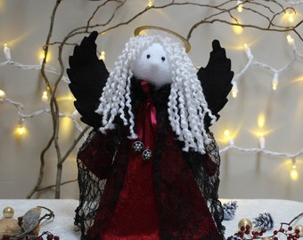 Haunting and Serene, Angel Sock Doll with Reversible, Black Wings & Gold Halo, OOAK, Unique, Heirloom Quality Gift, Keepsake, Decor