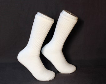 One Pair, All Cotton Crew Socks, Size 10-13, Thick, Soft, White, No Polyester, Made in USA