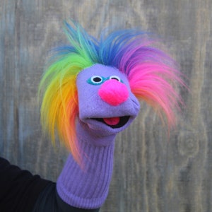 Luxury Classic Purple Sock Puppet Sammy with Rainbow Hair, Heirloom Quality, Handmade, Moving Mouth, All Sewn Parts, 3 sizes, Cotton Sock image 2