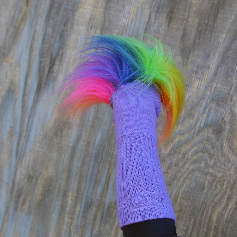 Luxury Classic Purple Sock Puppet Sammy with Rainbow Hair, Heirloom Quality, Handmade, Moving Mouth, All Sewn Parts, 3 sizes, Cotton Sock image 6