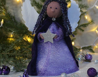 Sparkling, Handmade, Waldorf style Angel in Purple with Reversible Wings, and Floating Style Halo in Keepsake Box, Decoration or Tree Topper