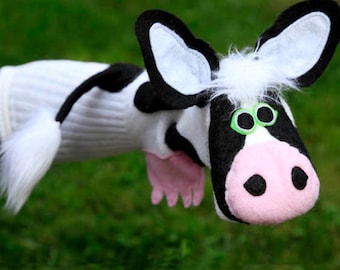 Luxury Black & White Cow Sock Puppet, Handmade, Professionally Sewn, Moving Mouth, Made to Order