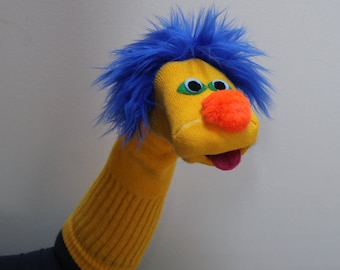 Luxury, Classic Sock Puppet "Sammy" in Yellow with Moving Mouth, Cotton Sock, All Sewn Parts, Heirloom Quality, Handmade to Order