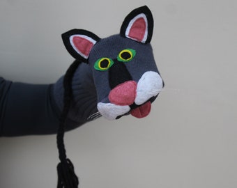 Luxury Black Cat Sock Puppet, Moving Mouth, Professionally Sewn, Couture, 3 sizes, Handmade by Artist, OOAK, Heirloom Quality