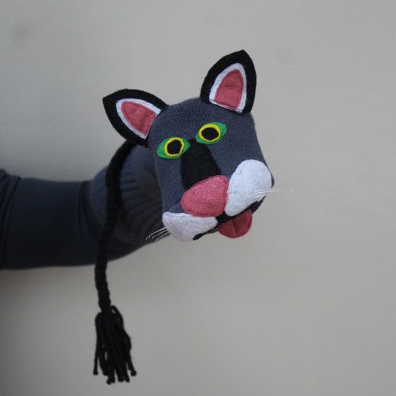 Marionnette chaussette chat noir de luxe, bouche mobile, cousue