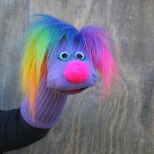 Luxury Classic Purple Sock Puppet Sammy with Rainbow Hair, Heirloom Quality, Handmade, Moving Mouth, All Sewn Parts, 3 sizes, Cotton Sock image 4