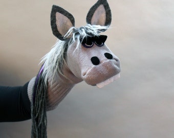 Gray Horse Luxury Sock Puppet, Handmade, Couture, Heirloom Quality, Moving Mouth, All Sewn Parts