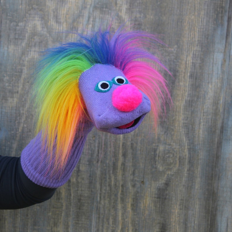 Luxury Classic Purple Sock Puppet Sammy with Rainbow Hair, Heirloom Quality, Handmade, Moving Mouth, All Sewn Parts, 3 sizes, Cotton Sock image 3
