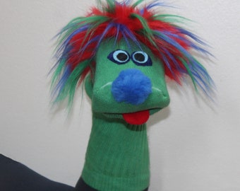 Luxury, Classic Sock Puppet "Sammy", tri-color hair, Soft Colorful, Heirloom Quality, Handmade Toy, Cotton Sock, Sewn Parts, Moving Mouth