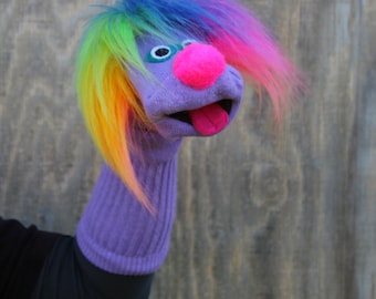 Luxury Classic Purple Sock Puppet "Sammy" with Rainbow Hair, Heirloom Quality, Handmade,  Moving Mouth, All Sewn Parts, 3 sizes, Cotton Sock