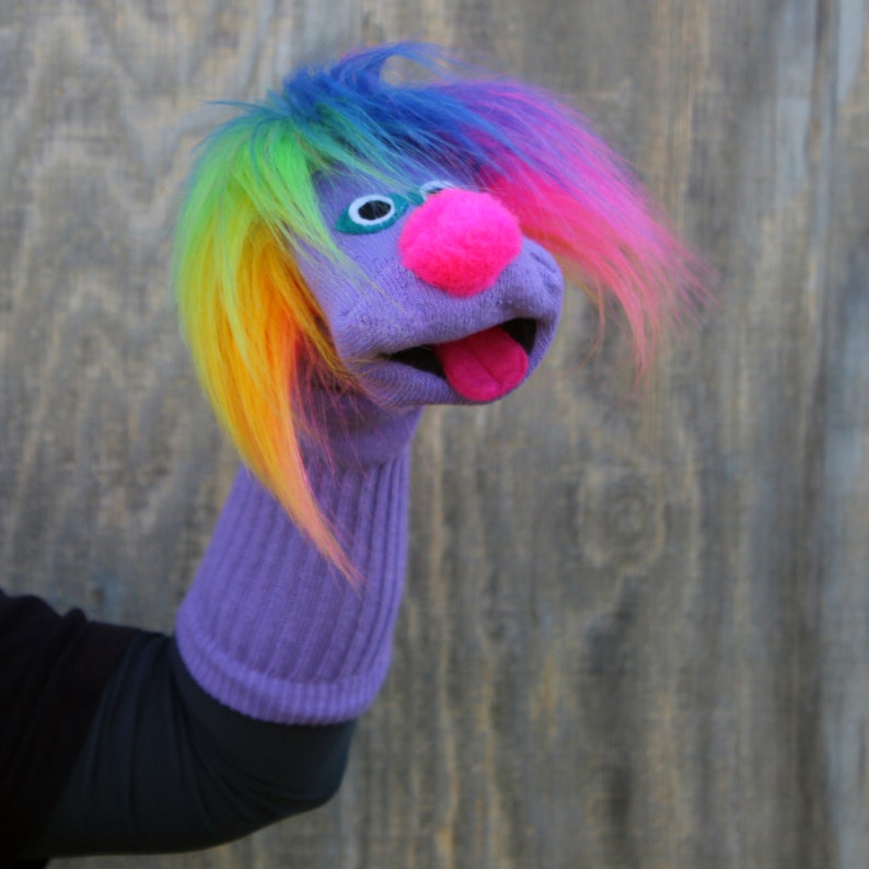 Luxury Classic Purple Sock Puppet Sammy with Rainbow Hair, Heirloom Quality, Handmade, Moving Mouth, All Sewn Parts, 3 sizes, Cotton Sock image 1