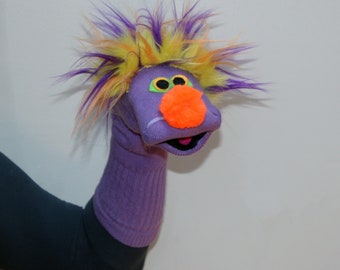 Luxury, Classic Sock Puppet "Sammy" in Jewel Tones with Tri-Color hair, Professionally Sewn by Artist, Moving Mouth, Made to Order,