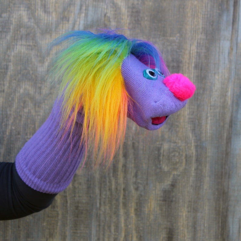 Luxury Classic Purple Sock Puppet Sammy with Rainbow Hair, Heirloom Quality, Handmade, Moving Mouth, All Sewn Parts, 3 sizes, Cotton Sock image 7