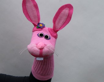 Pink, Bunny Rabbit Sock Puppet, handmade, Professionally Sewn, Moving Mouth Made to Order