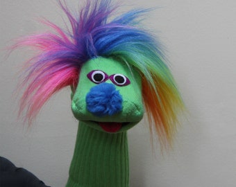 Luxury Classic Green Sock Puppet "Sammy" with Rainbow Hair, Heirloom Quality, Handmade,  Moving Mouth, All Sewn Parts, 3 sizes, Cotton Sock