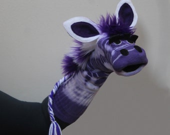 Purple Zebra Sockett® Sock Puppet, Handmade, Heirloom Quality, Moving Mouth, Professionally Sewn,Made to Order