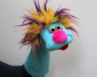 Classic, Sock Puppet "Sammy" with tri color hair, Heirloom Quality, Professionally sewn, Moving Mouth, 4 Colors 3 sizes, Made to Order