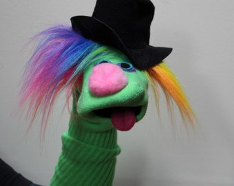 Classic REAL Sock Puppet "Sammy" with Rainbow Hair & Attached, Felt Top Hat, All Sewn Parts, moving mouth, Heirloom Quality