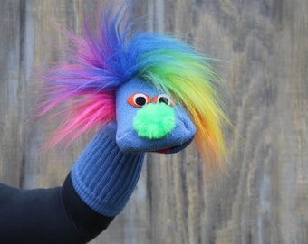 Luxury Classic Sock Puppet "Sammy" Blue with Rainbow Hair, Heirloom Quality, Handmade, Expressive Moving Mouth, All Sewn Parts, Cotton Sock