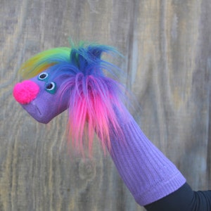 Luxury Classic Purple Sock Puppet Sammy with Rainbow Hair, Heirloom Quality, Handmade, Moving Mouth, All Sewn Parts, 3 sizes, Cotton Sock image 5