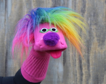 Too Socky Sock Puppet "Sammy" Pink with Rainbow Hair, Heirloom Quality, Handmade, Expressive Moving Mouth, All Sewn Parts, Cotton Sock