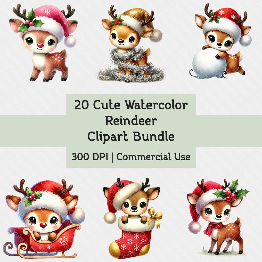 20 Cute Reindeer PNG Clipart Set, Christmas Deer, Watercolor Santa ...
