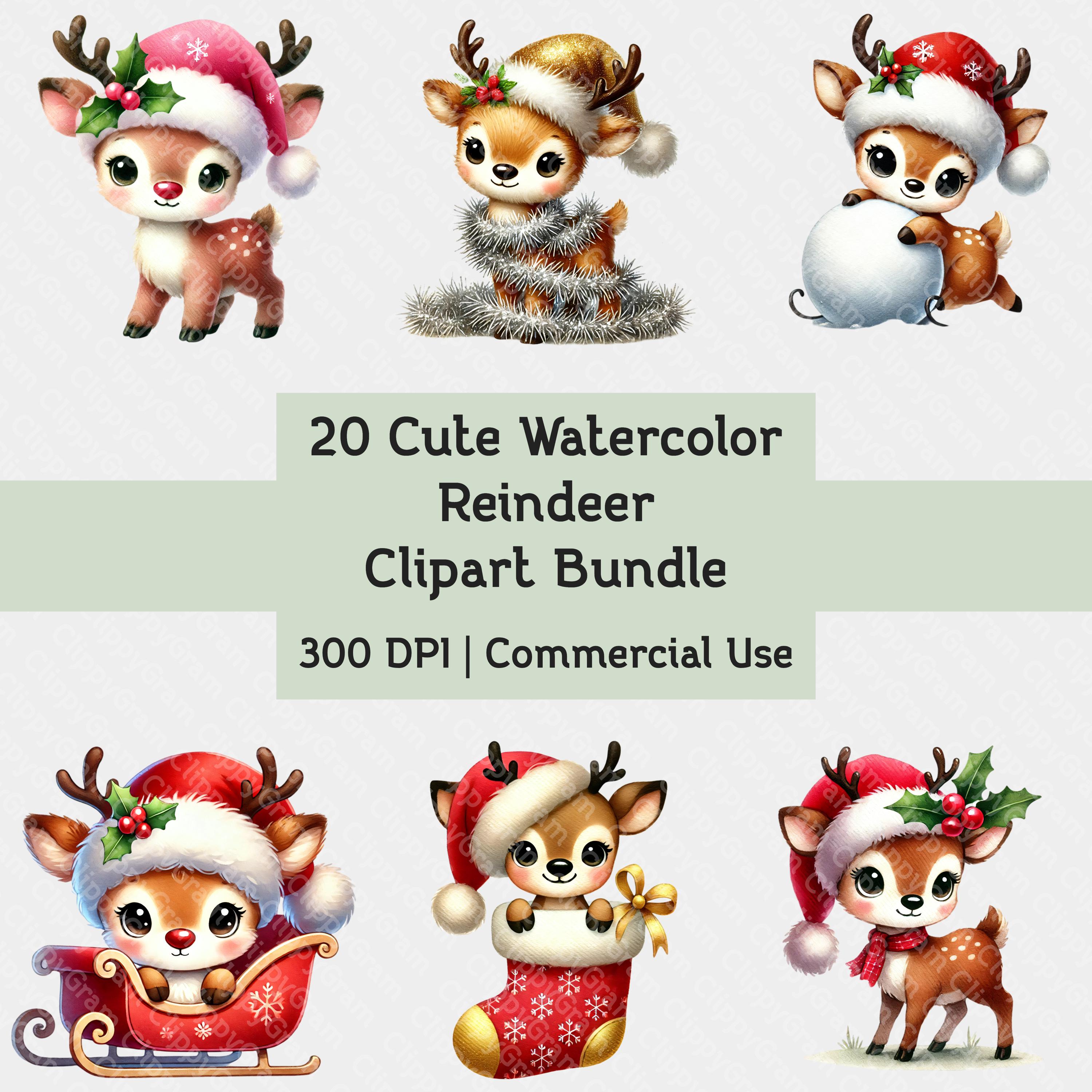 20 Cute Reindeer PNG Clipart Set, Christmas Deer, Watercolor Santa ...